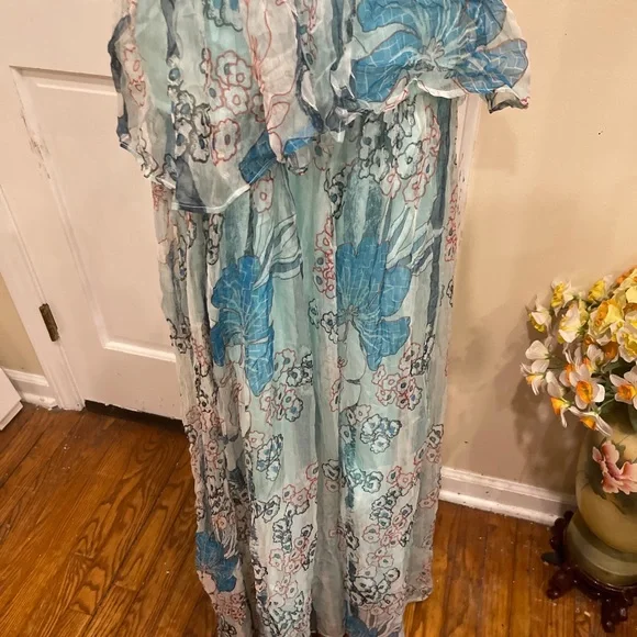 New Free People OLLARI Chiffon Printed Jumpsuit $198sz M - Blue